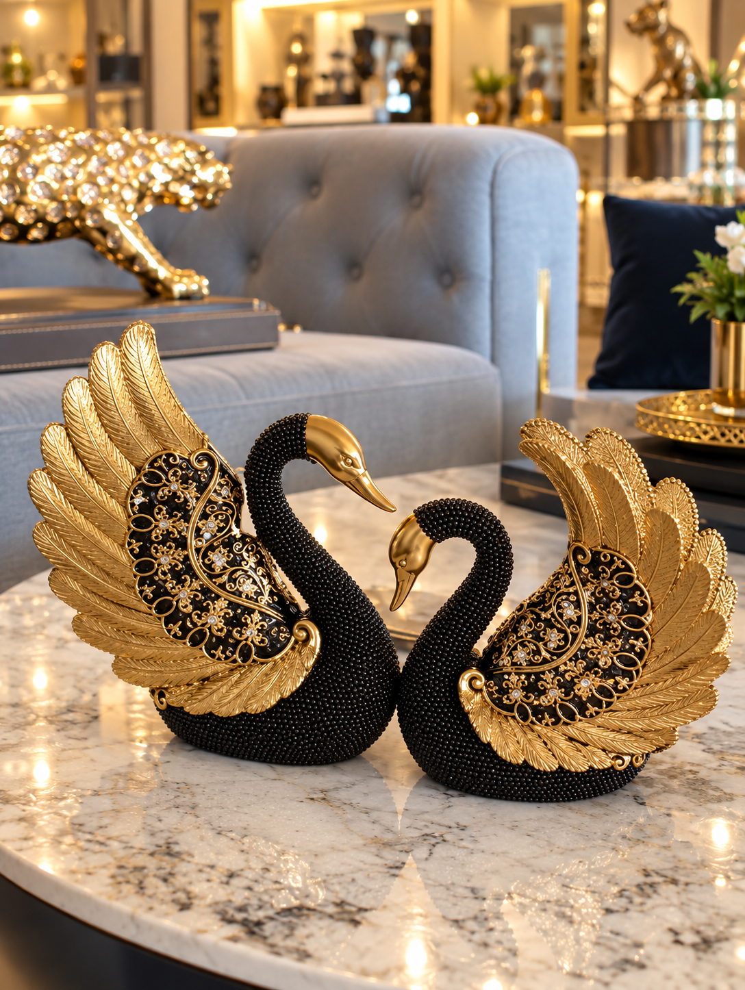 black and gold swan pair figurine