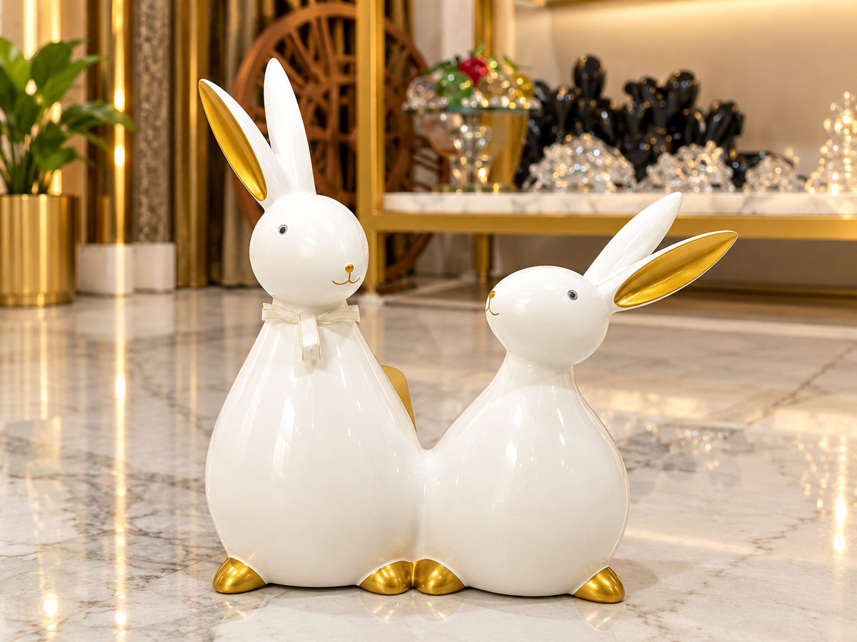 modern white rabbit couple showpiece