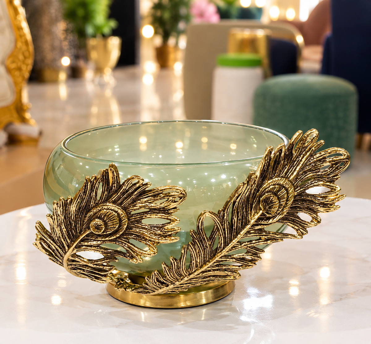 Feathered Flame Peacock Statement Bowl in Mint Green