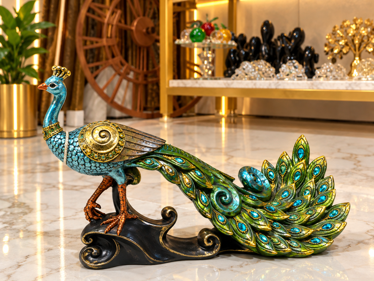 royal blue and green polyresin peacock showpiece