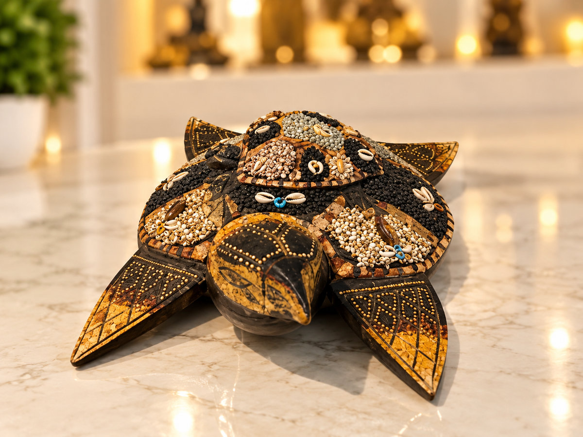 hand-carved mosaic wooden turtle figurine