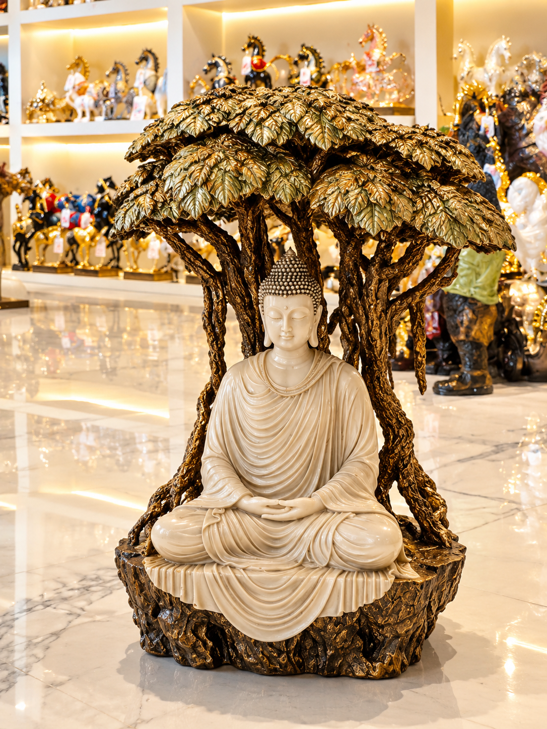 meditating Buddha statue under a Bodhi tree
