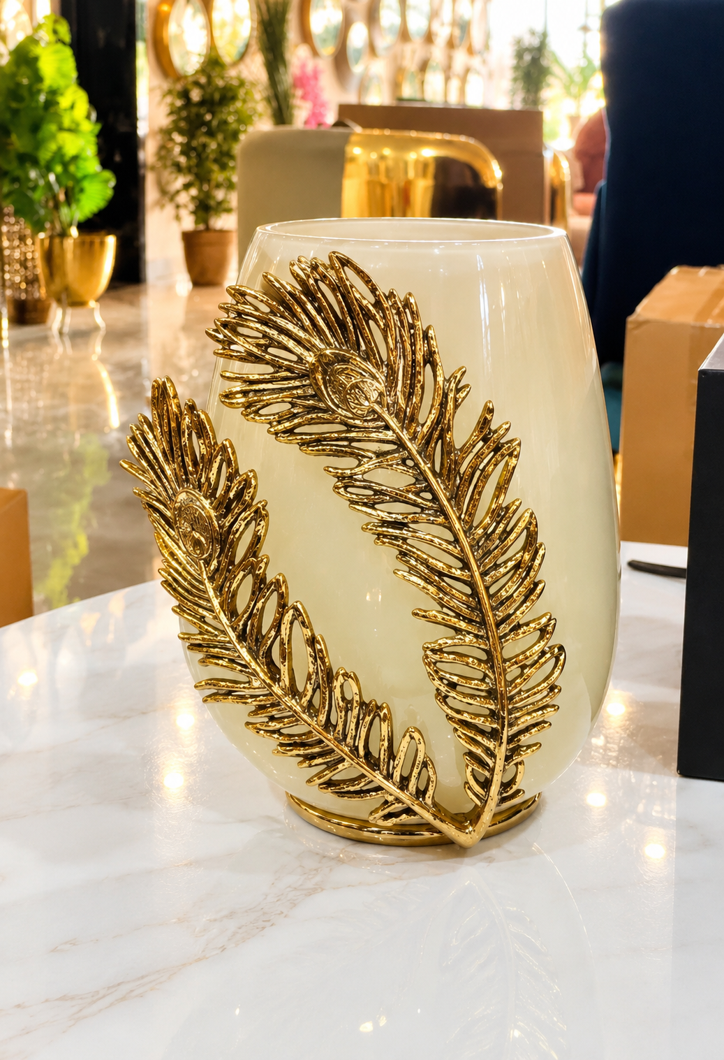 Feathered Flame Peacock Vase captured from a different angle