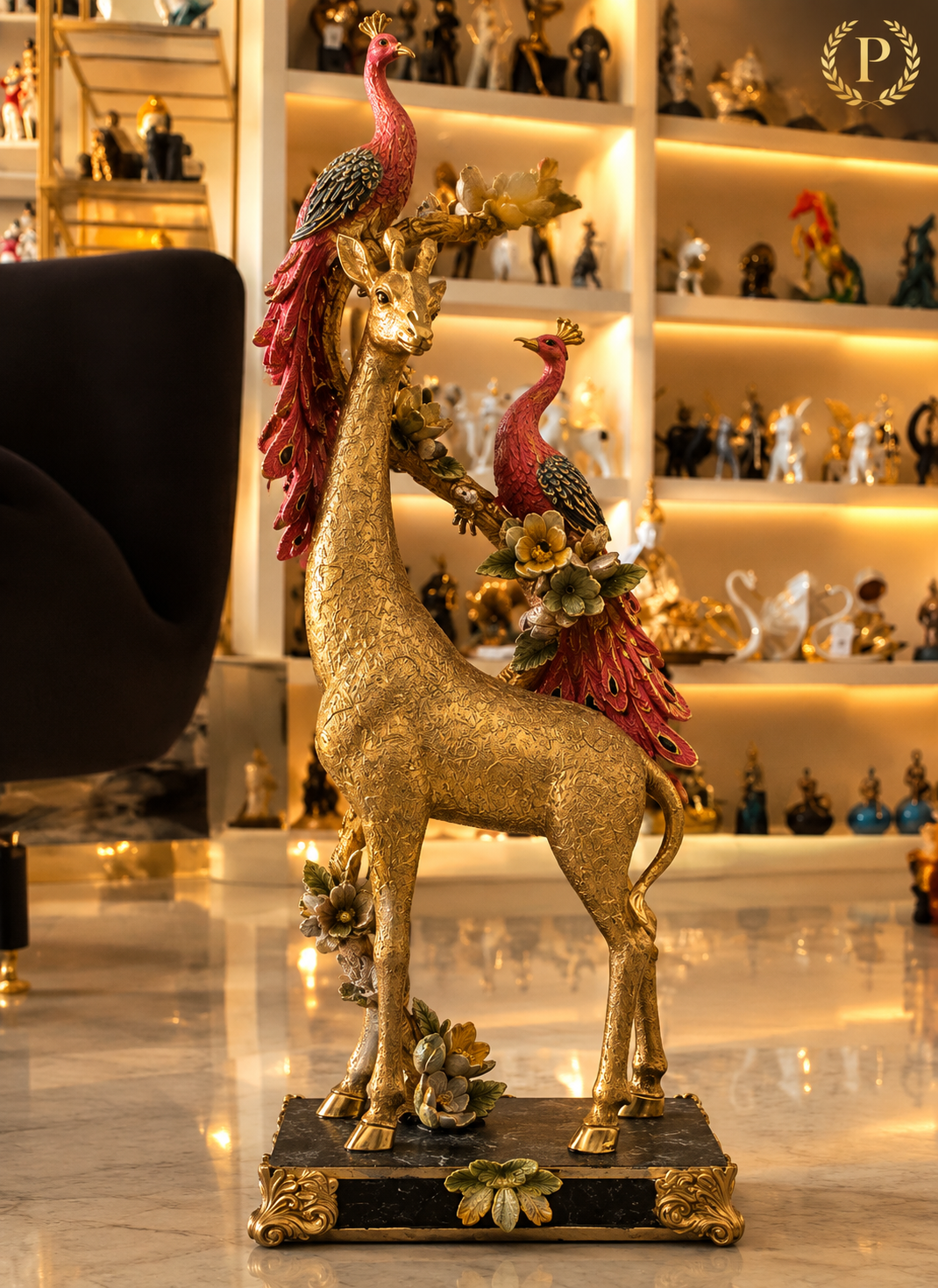 luxurious golden giraffe and twin peacock tabletop sculpture