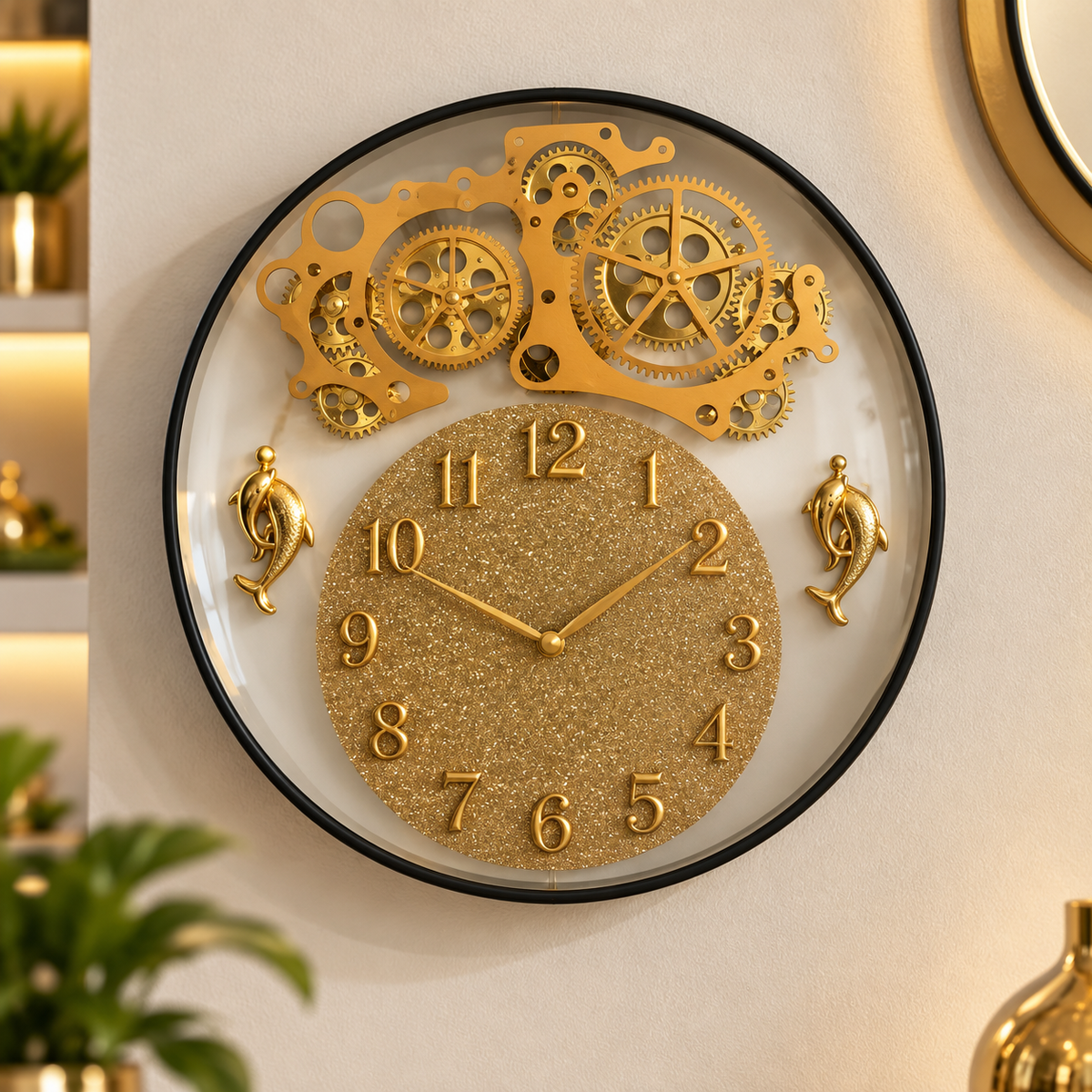luxury industrial steampunk moving gear dolphin wall clock
