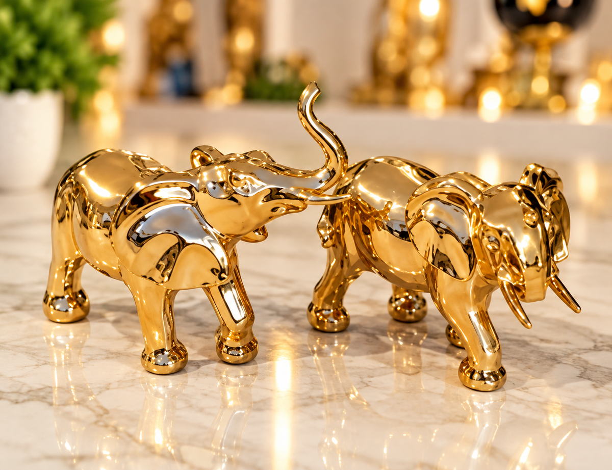 pair of glossy gold electroplated elephant figurines
