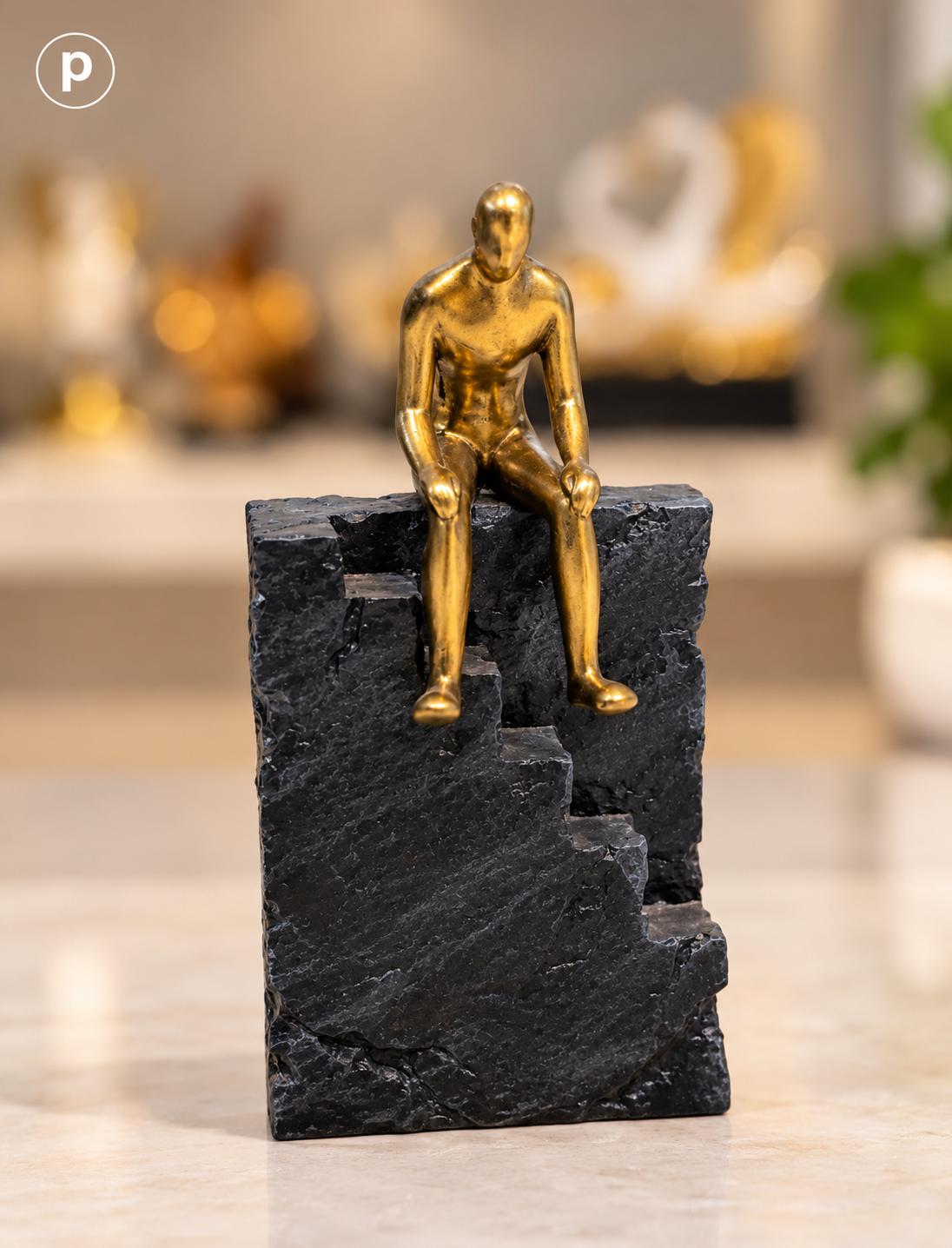 Premium Abstract Golden Thinker on Stone Staircase Figurine