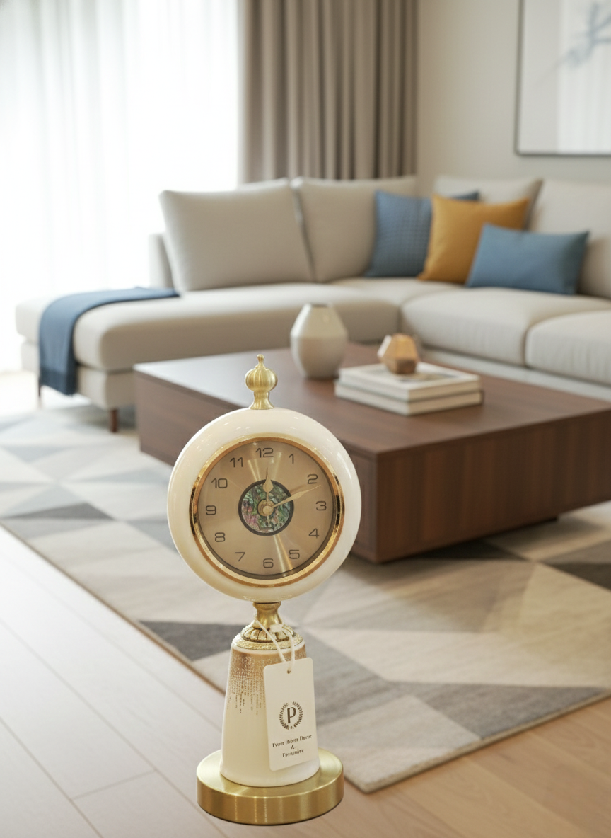 Modern Luxe Decorative Table Clock with Working Gear – Gold & Ivory Finish | Premium Home Decor