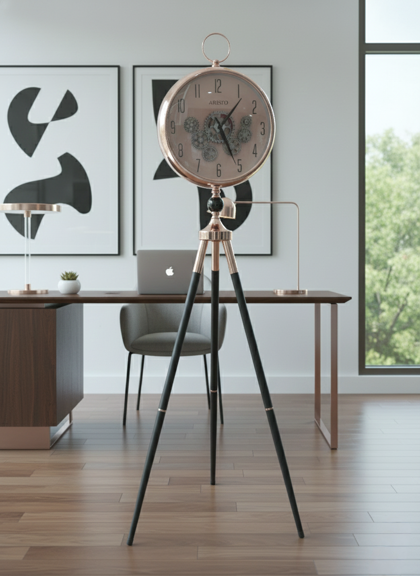 Luxury Tripod Floor Clock with Working Gear– Rose Gold & Black | Premium Studio Decor
