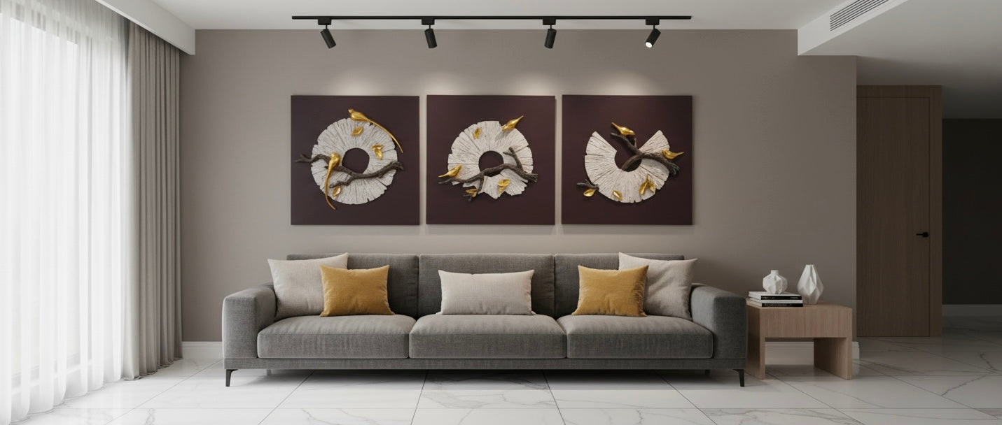 Auric Symphony – Modern WOODEN BASED CEREMIC Wall MURAL SET OF THREE