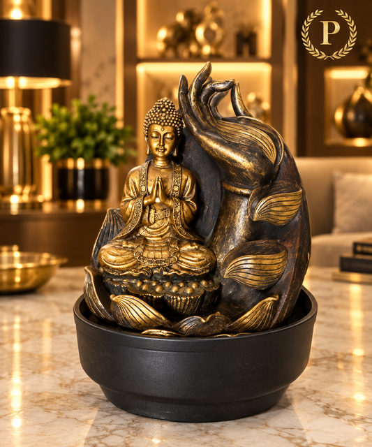 polyresin Dhyana Mudra Buddha sitting in a decorative cosmic hand tabletop indoor water fountain