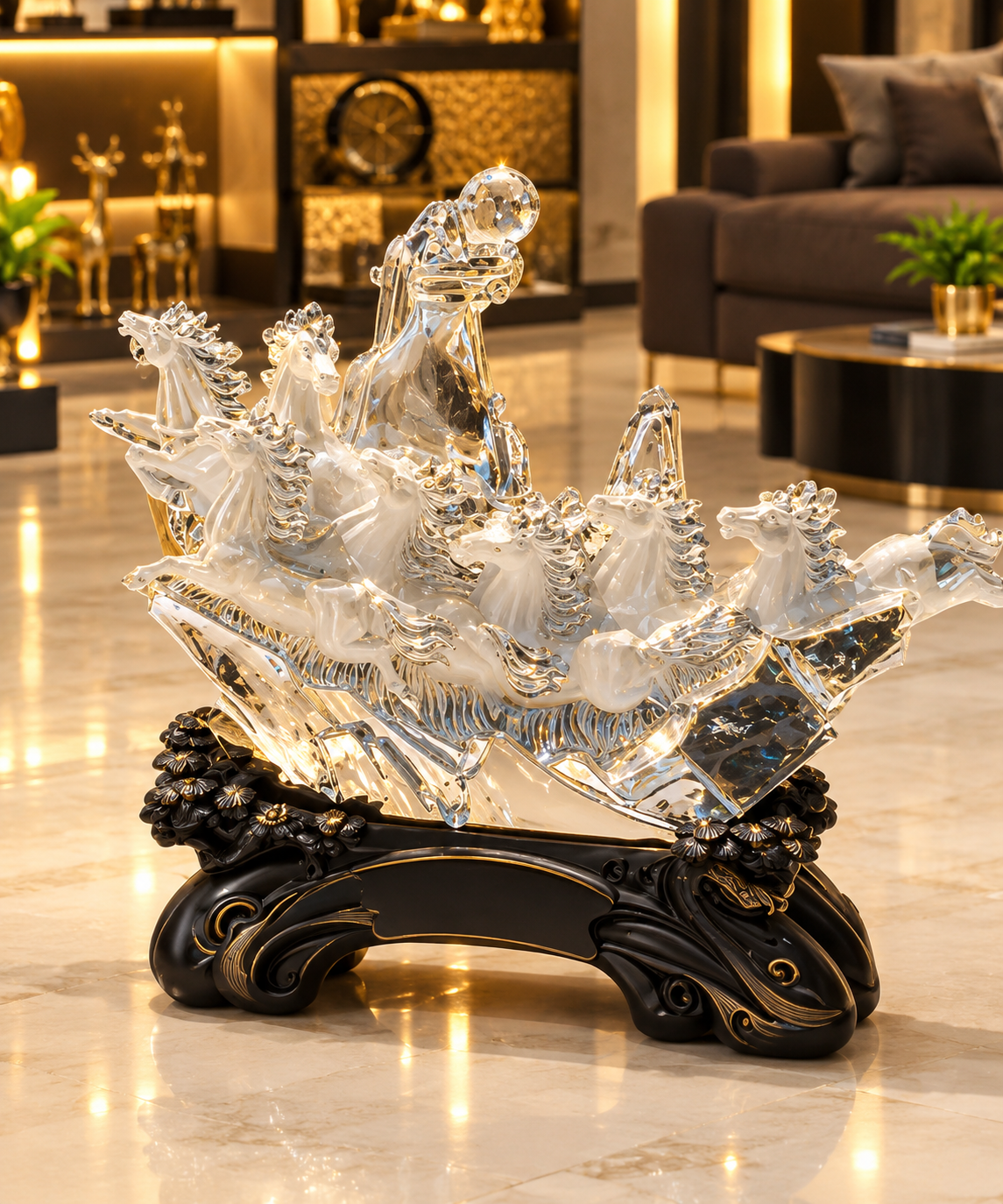 crystal-clear sculpture of 7 running horses