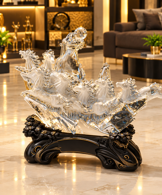 crystal-clear sculpture of 7 running horses