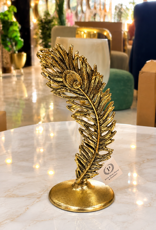 Polished Gold Peacock Feather Sculpture