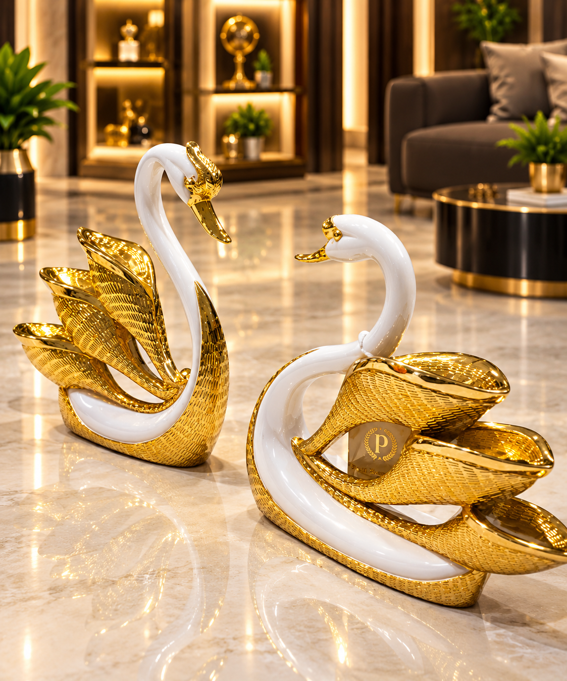 white and gold ceramic swan pair