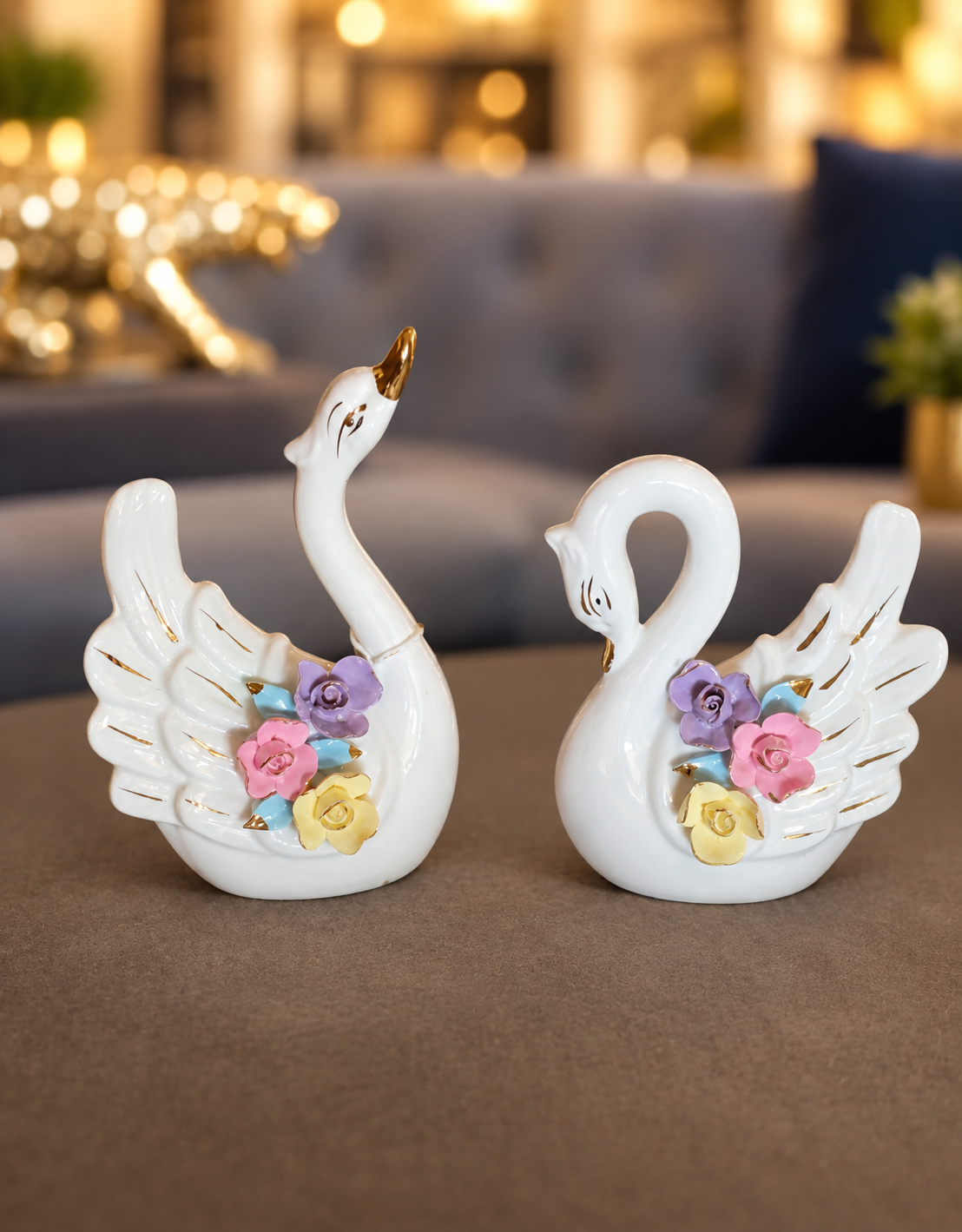 glazed ceramic swan couple statue set