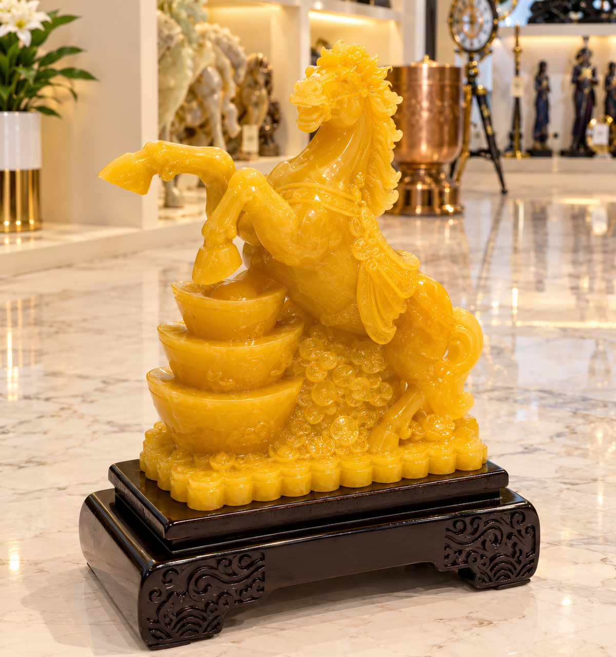 magnificent yellow jade Feng Shui rearing horse statue