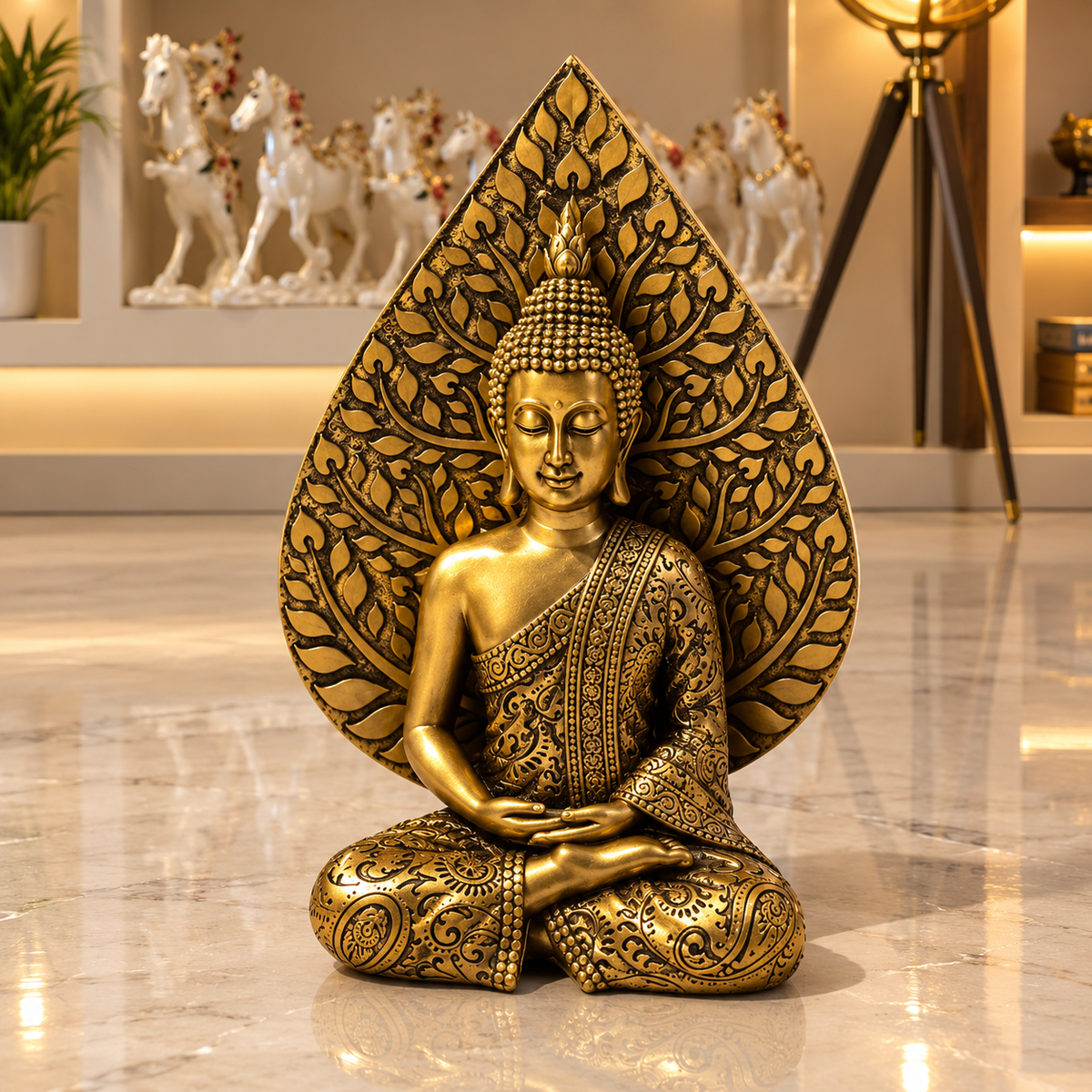 Golden Meditating Buddha with Bodhi Leaf Backdrop