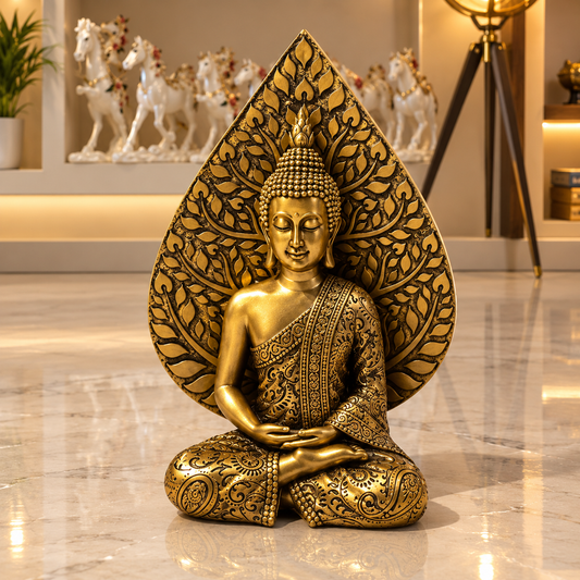 Golden Meditating Buddha with Bodhi Leaf Backdrop