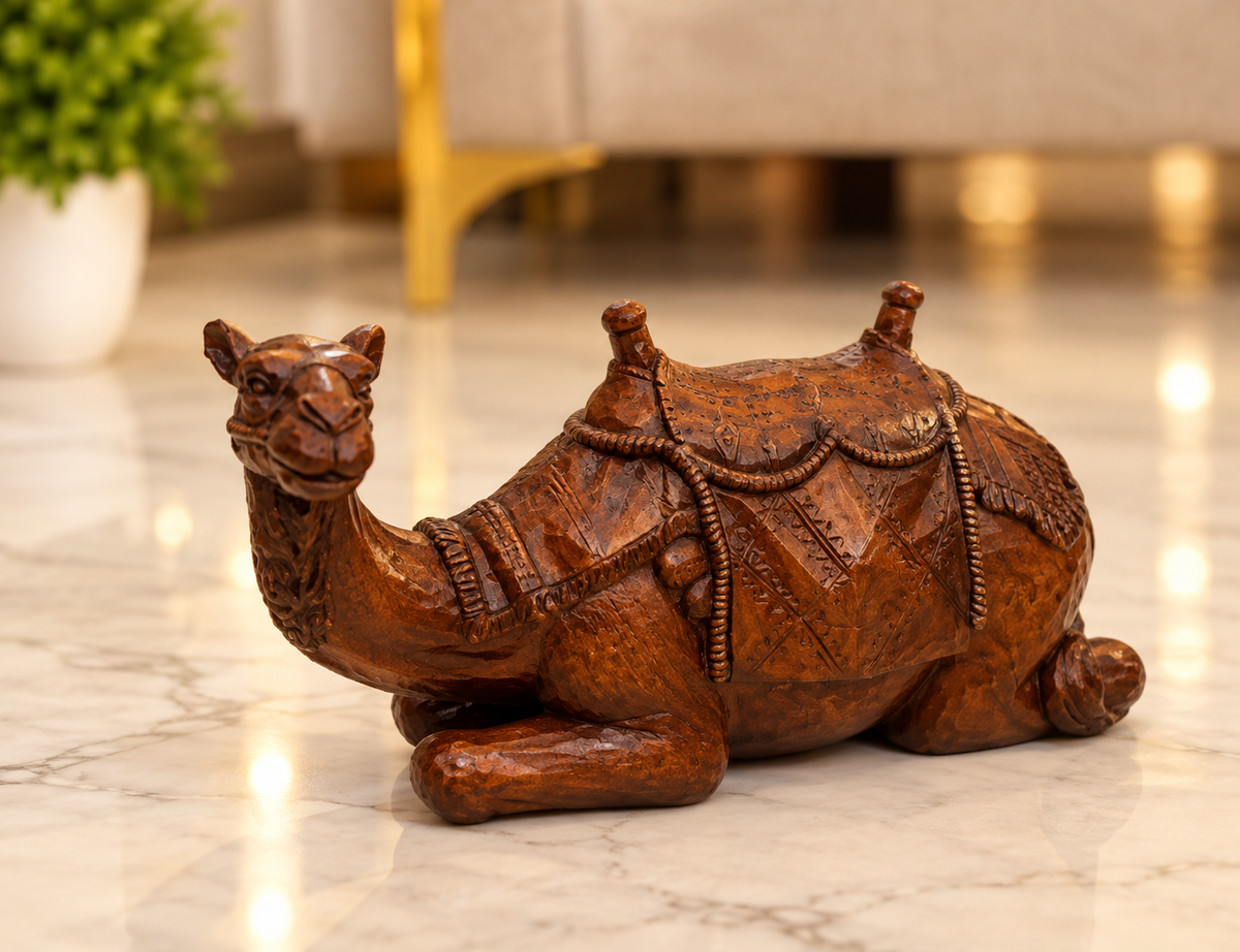 seated antique dark brown polystone camel showpiece