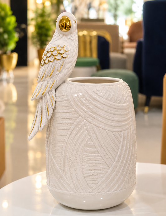 Sculptural Parrot Porcelain Vase in White