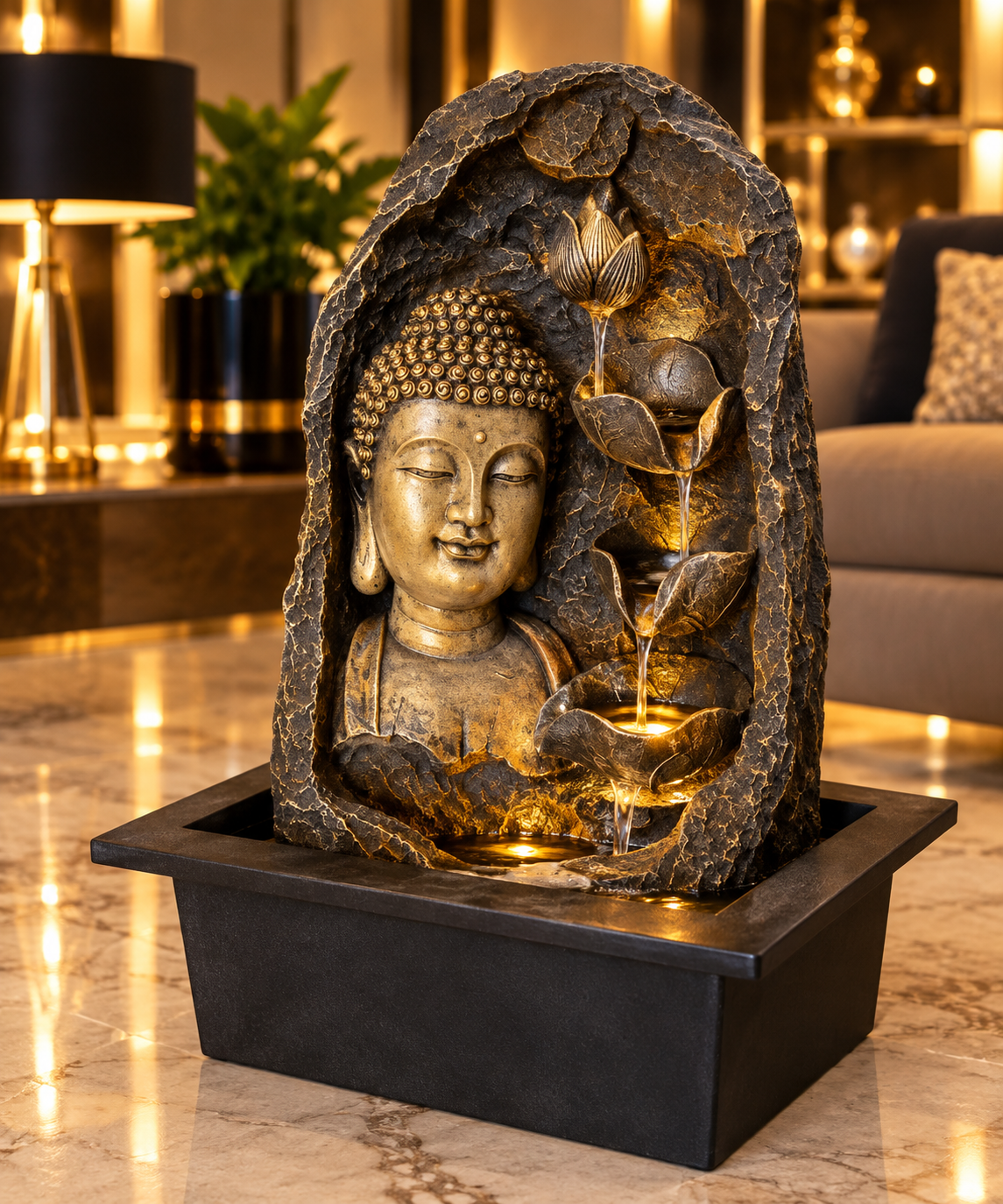 CHRONIKLE polyresin golden-brown meditating Buddha sitting in a cave-style 4-step lotus indoor tabletop water fountain.