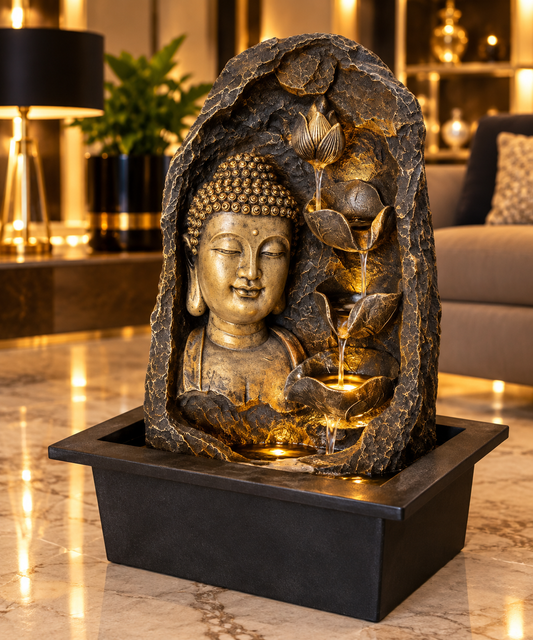 CHRONIKLE polyresin golden-brown meditating Buddha sitting in a cave-style 4-step lotus indoor tabletop water fountain.