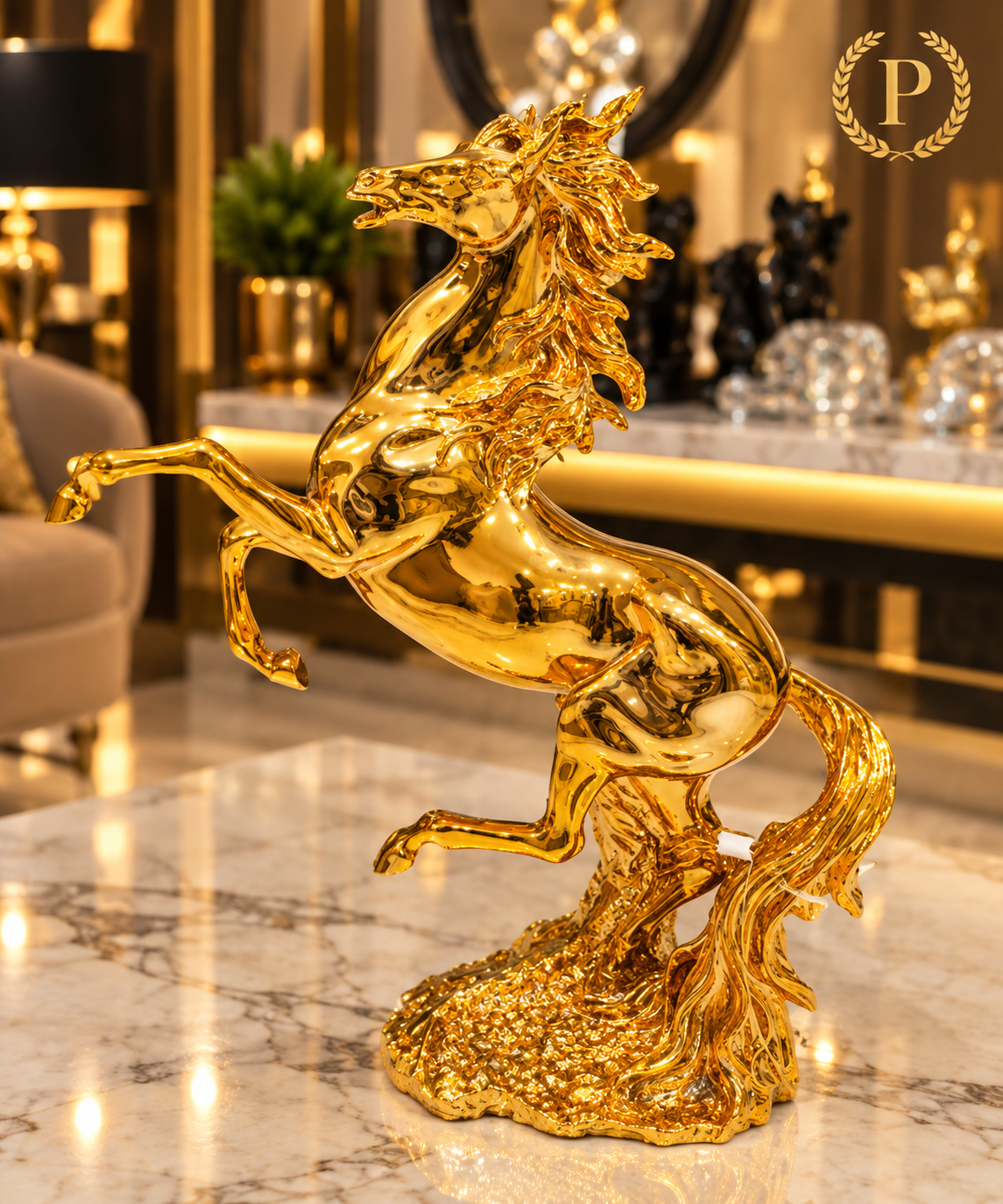 golden rearing horse statue