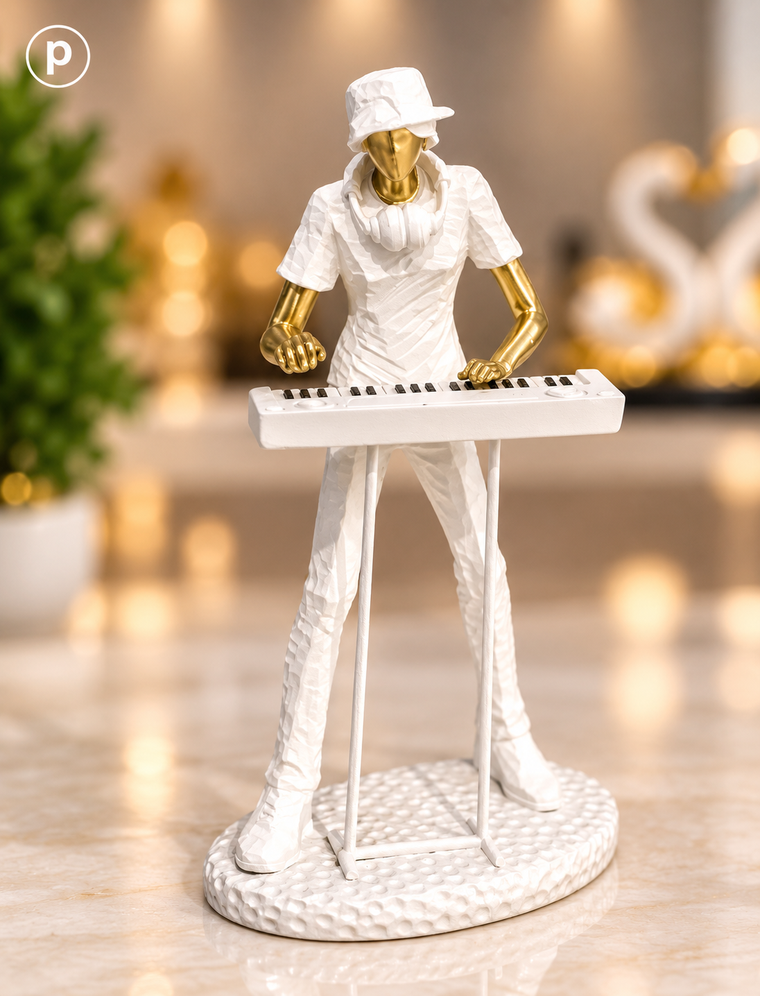 Premium Contemporary White & Gold Keyboardist Figurine