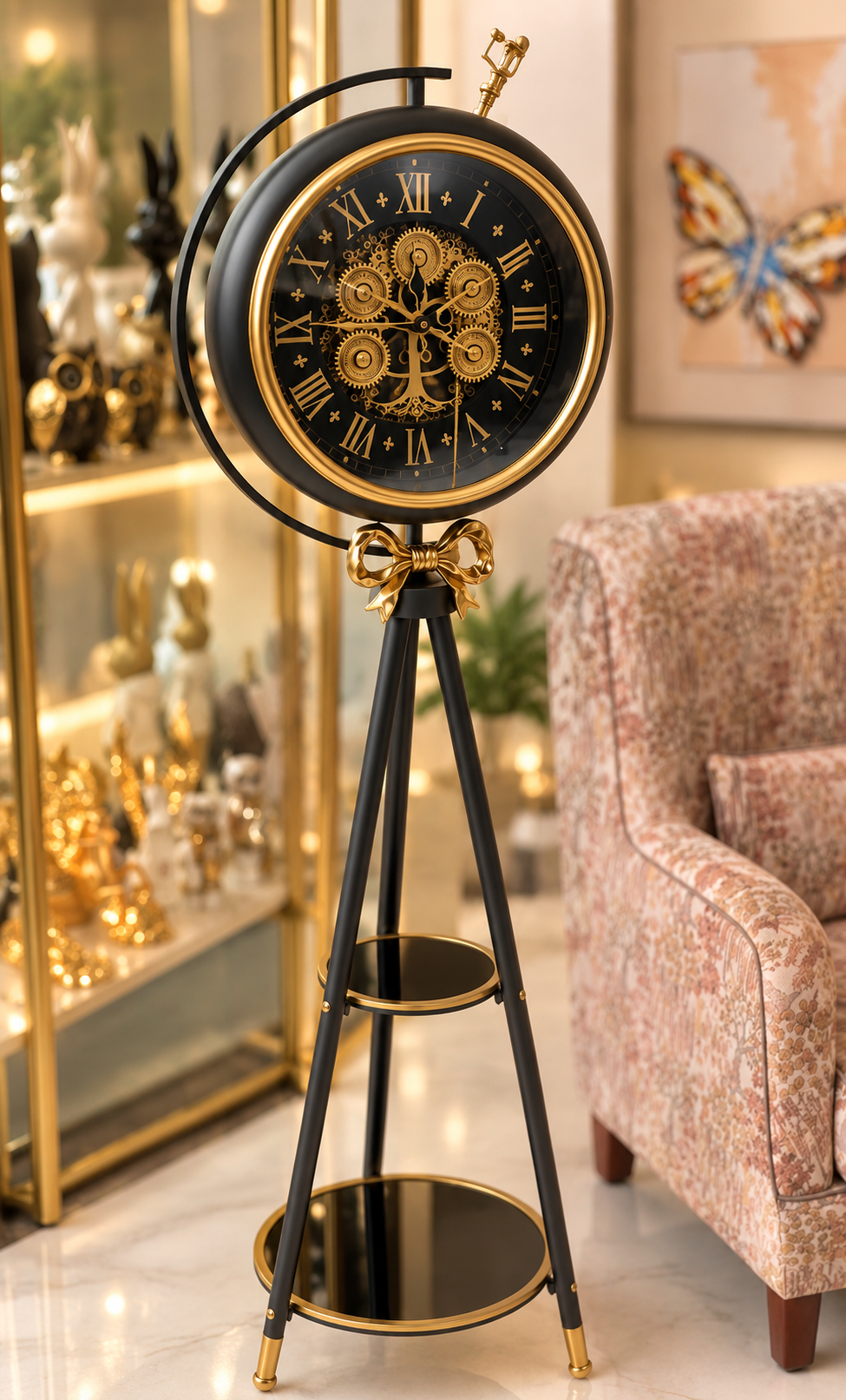 industrial steampunk tripod floor clock