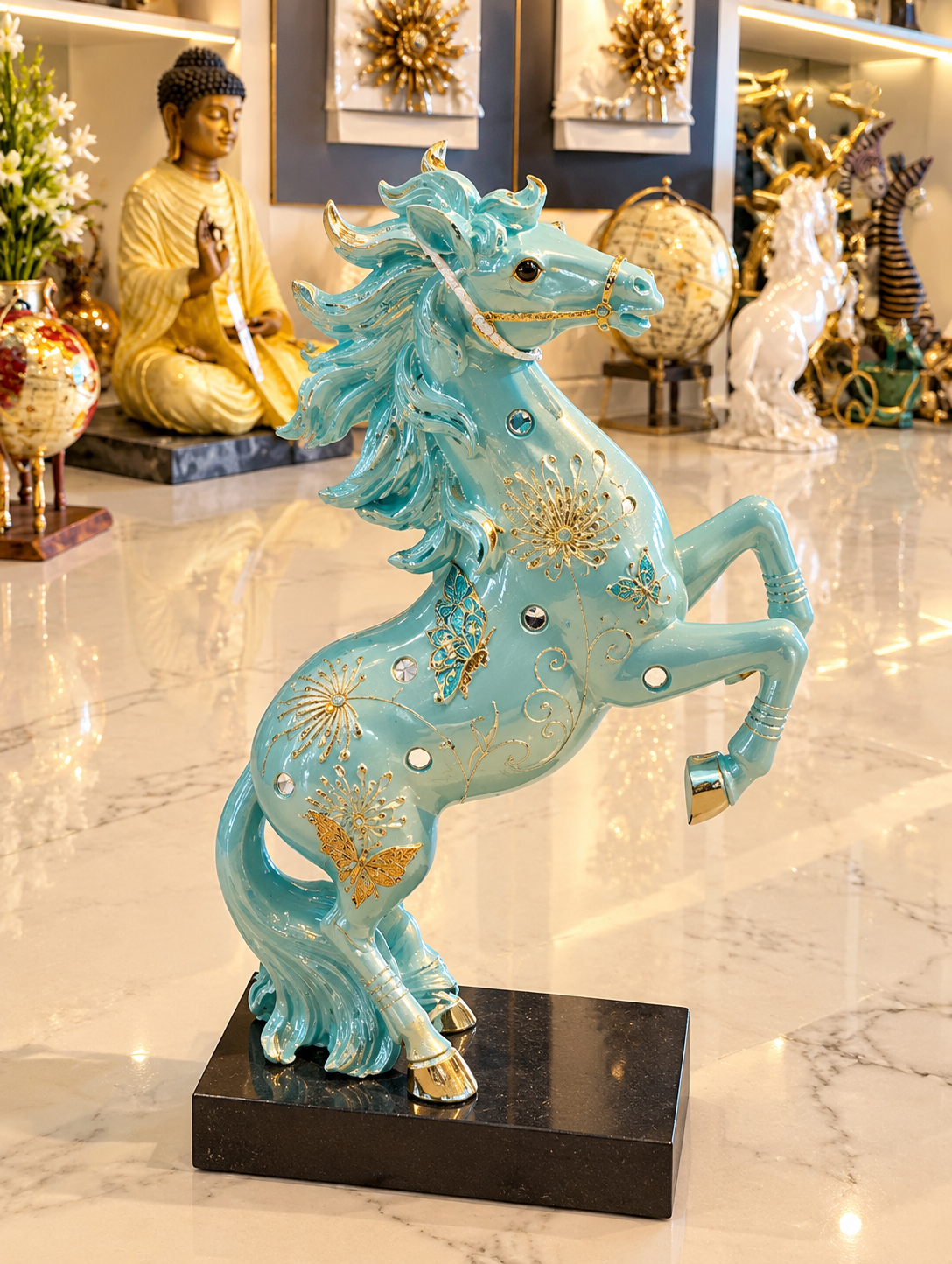 turquoise-blue rearing horse showpiece statue