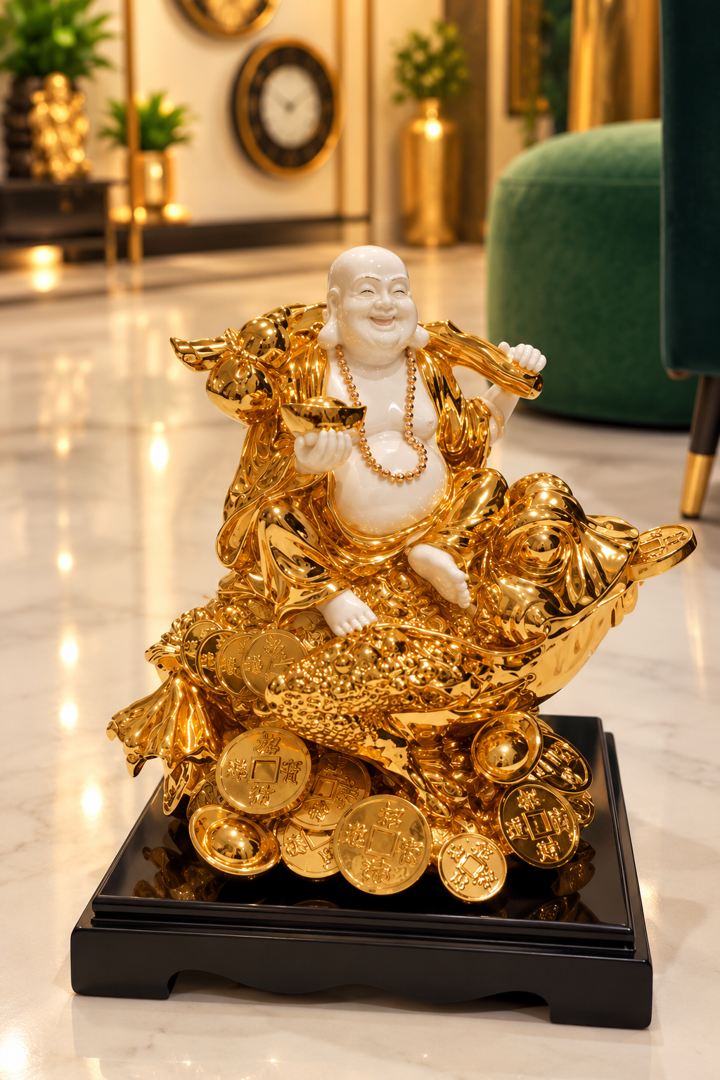 Laughing Buddha riding a Money Toad (Jin Chan) statue