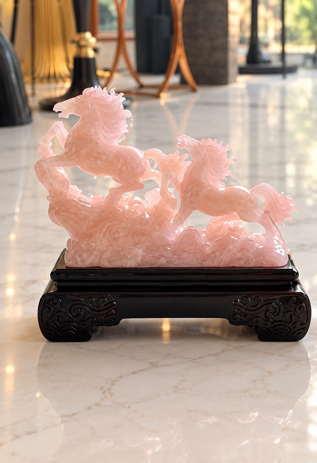 hand-carved pink rose quartz dual horse sculpture
