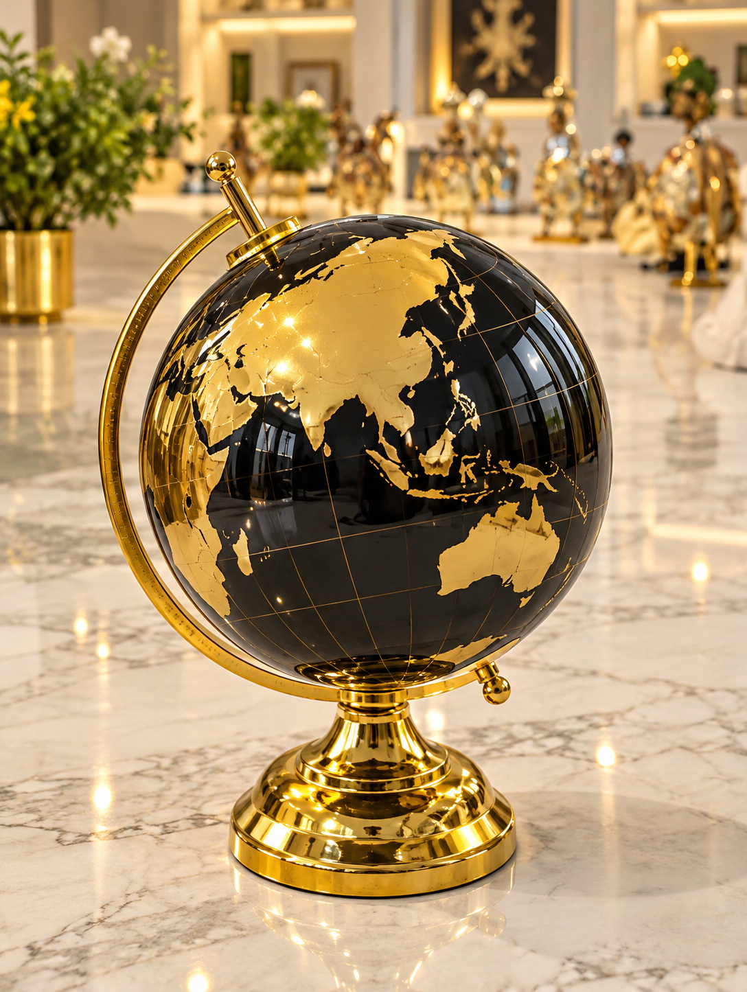 luxury desk globe features a high-contrast black and gold finish