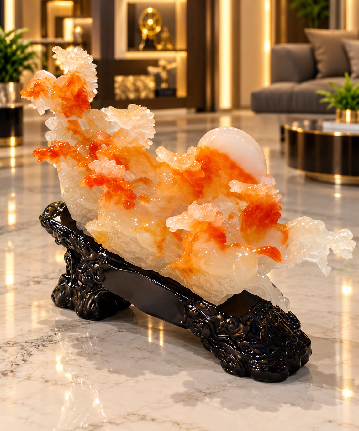 Chinese-style multi-toned jadeite/agate sculpture