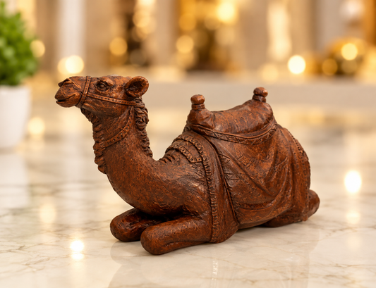 seated antique dark brown polystone camel showpiece