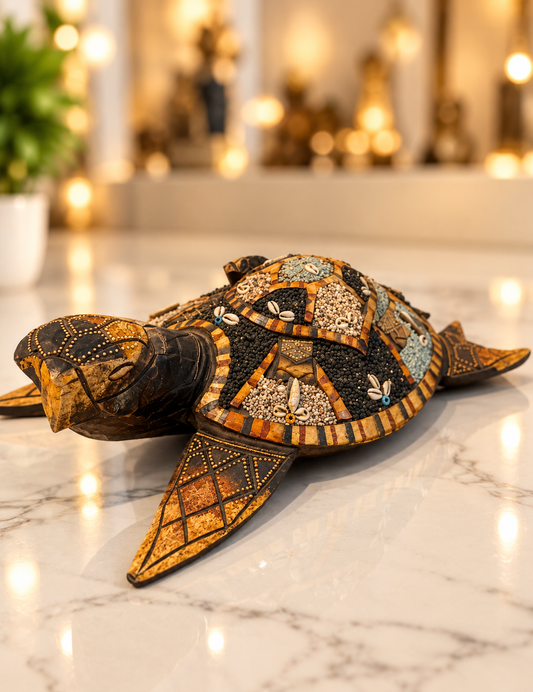 hand-carved mosaic wooden turtle figurine