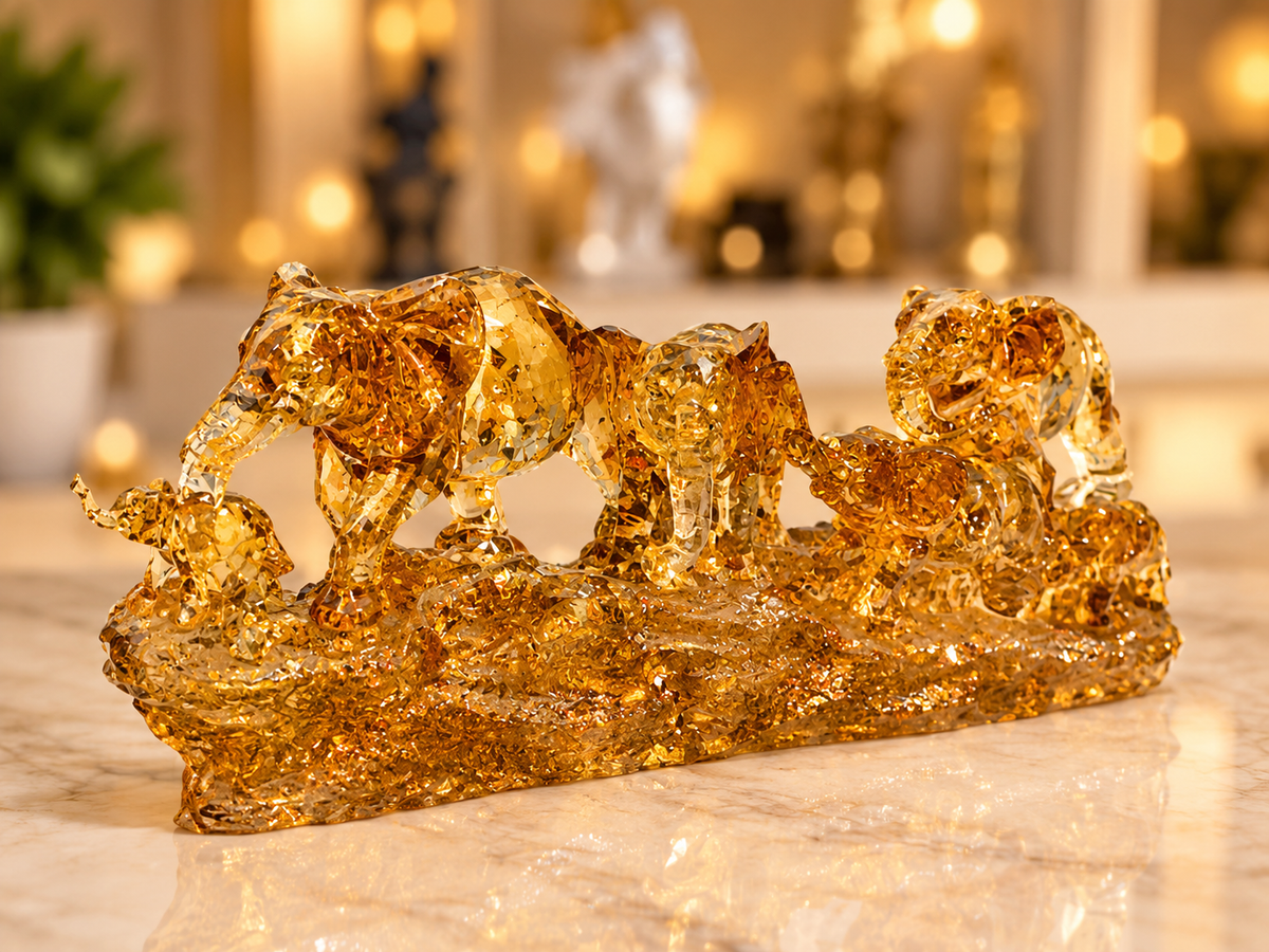 crystalline amber glass elephant family figurine