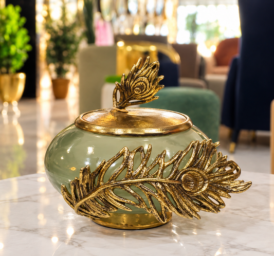 Feathered Flame Peacock Decorative Canister in Mint Green