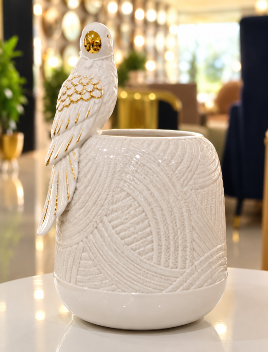 Sculptural Parrot Porcelain Vase in White