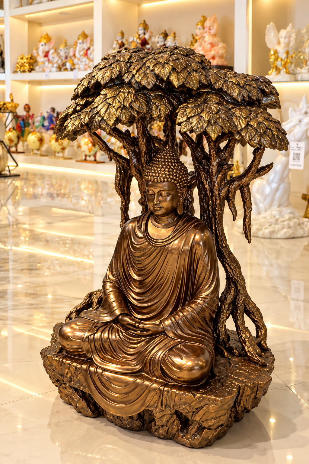 meditating Buddha statue seated beneath a sacred Bodhi tree