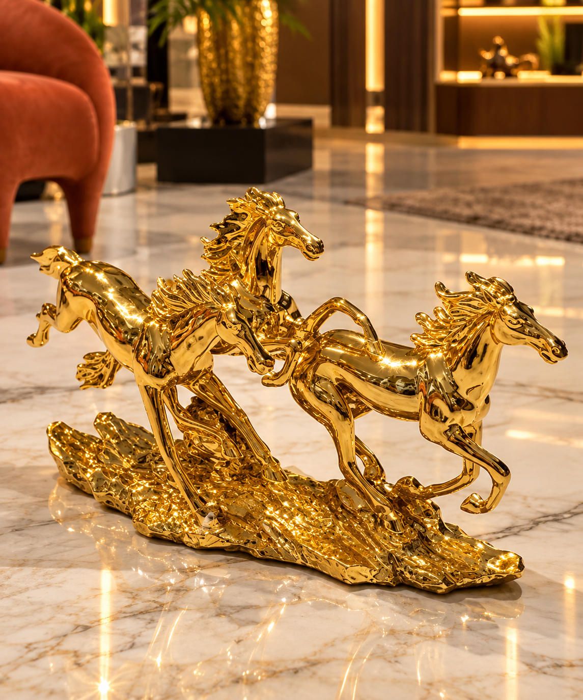 magnificent statue of three running horses finished in highly polished electroplated gold.