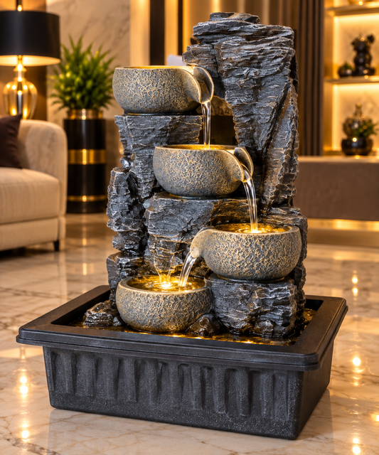 grey polyresin 4-step cascading bowl tabletop indoor water fountain.