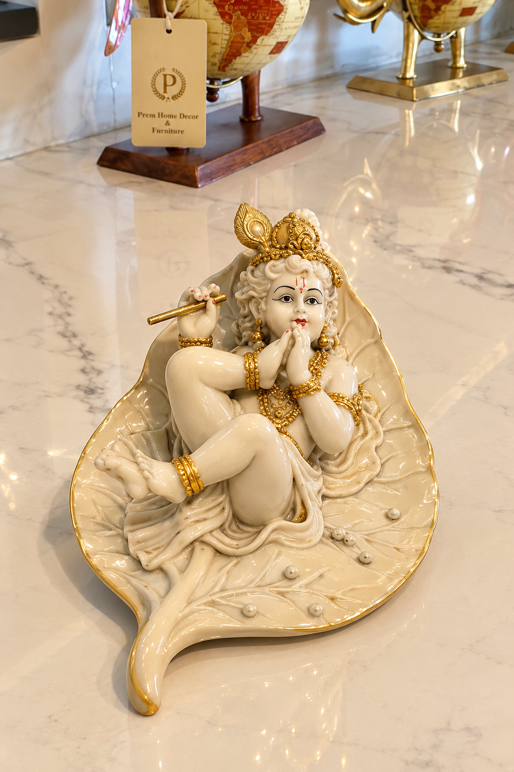 White & Gold Baby Krishna on Leaf Idol