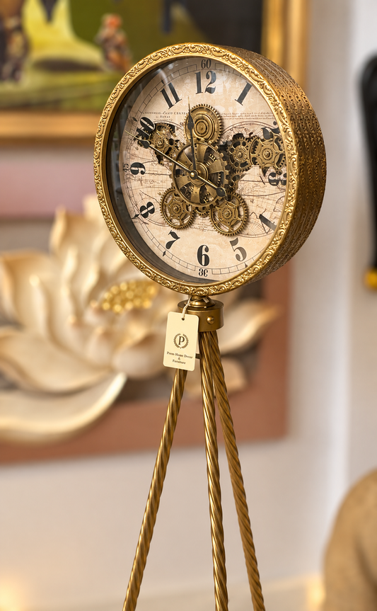 antique gold industrial tripod floor clock