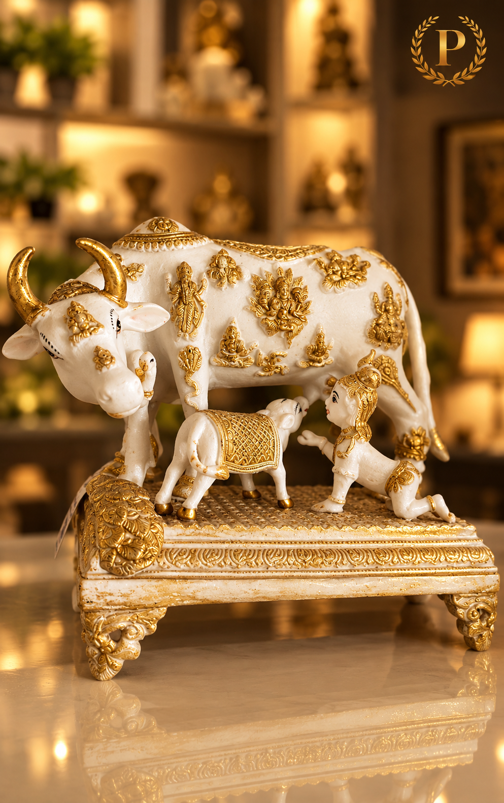 Kamdhenu Cow and Calf Statue with Bal Krishna