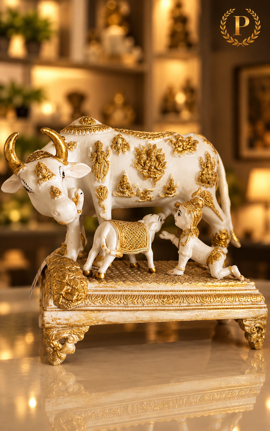 Kamdhenu Cow and Calf Statue with Bal Krishna
