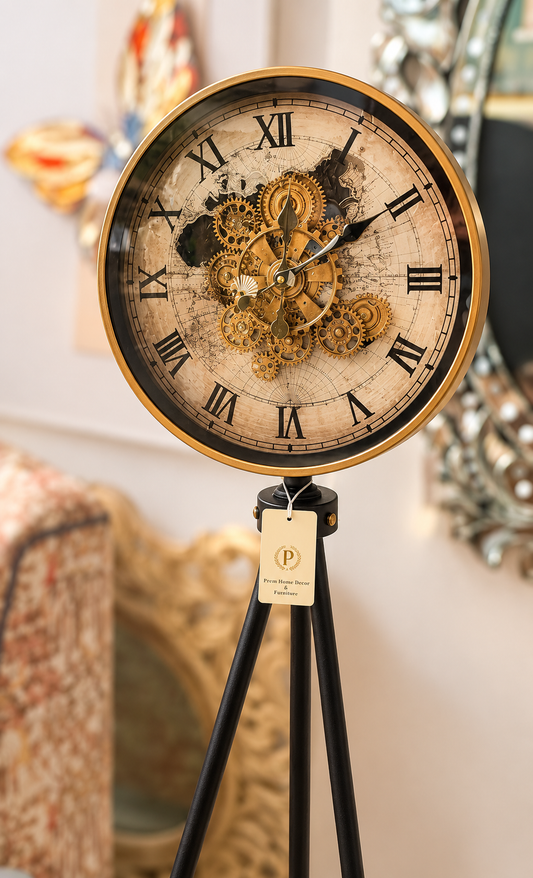 industrial steampunk tripod floor clock