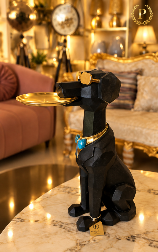 Geometric Dog Butler Statue with Serving Tray