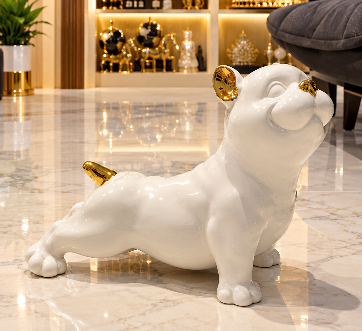 white version of the glossy ceramic French Bulldog statue